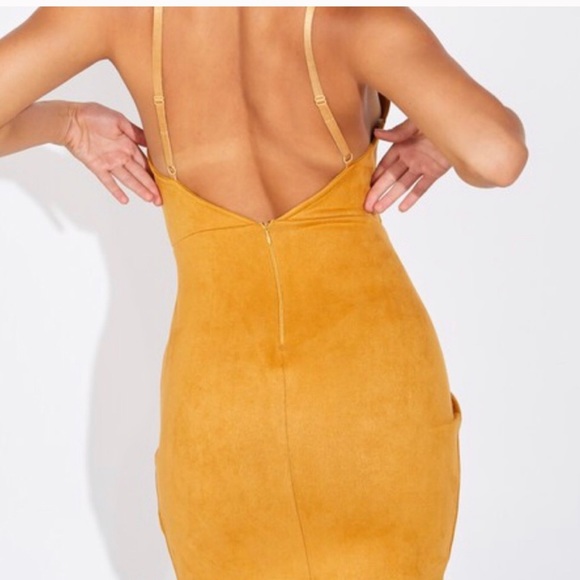 Suede V-Neck Mini Dress-Mustard - Picture 4 of 4